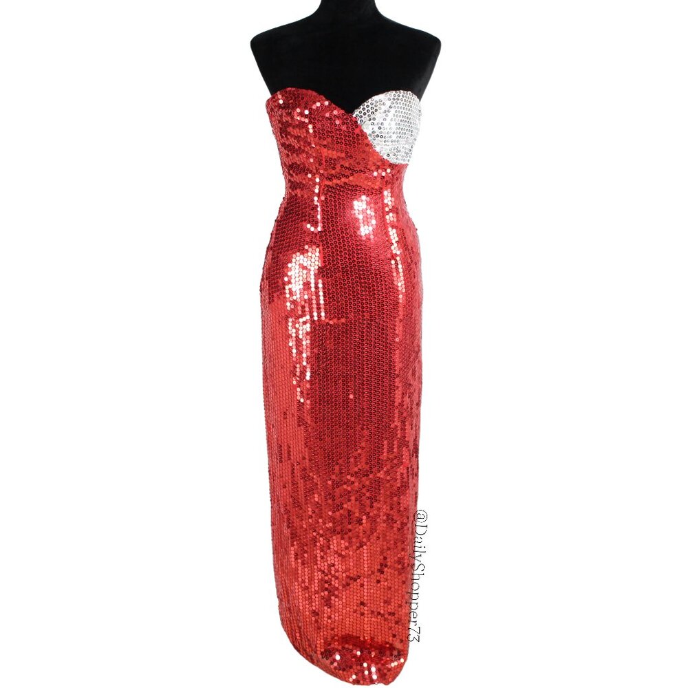 Alyce Designs Women's Vintage Red White Sequin Strapless Sweetheart Fitted Gown